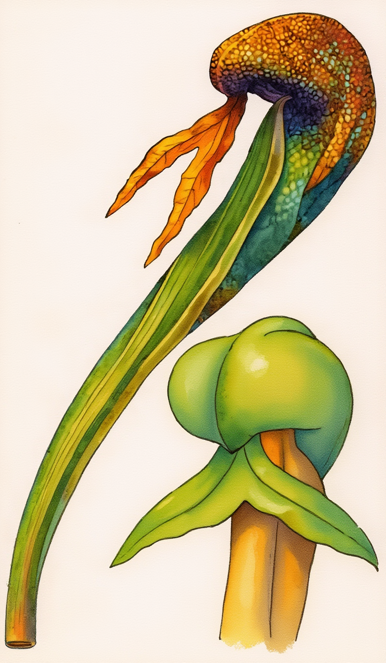 Darlingtonia's arching hood with its orange-red two-lobed flap