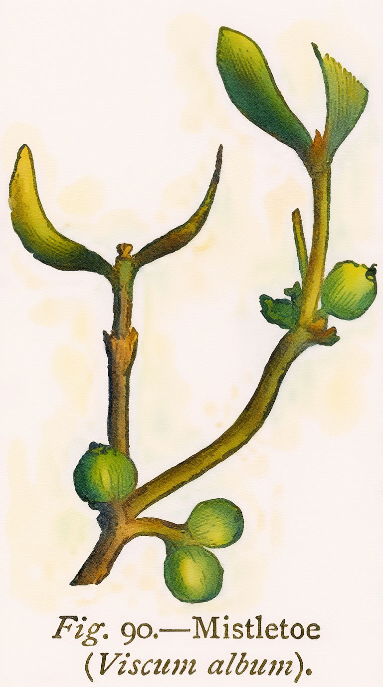 Illustration of mistletoe (Viscum album).