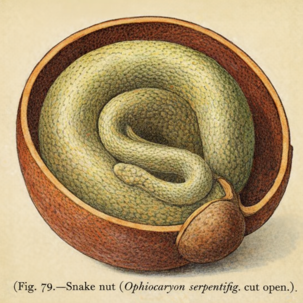 fig. 79.—Snake nut (Ophiocaryon serpentifig. 79.—Sn (Ophiocaryon ke nut serpenti#2) cut open.